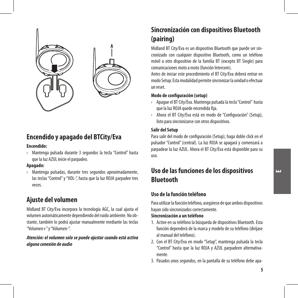 Encendido y apagado del btcity/eva, Ajuste del volumen, Uso de las funciones de los dispositivos bluetooth | MIDLAND BT City User Manual | Page 53 / 162