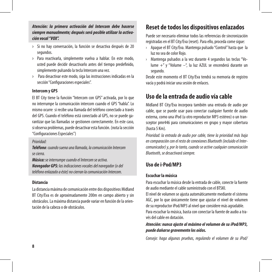 Reset de todos los dispositivos enlazados, Uso de la entrada de audio vía cable | MIDLAND BT City User Manual | Page 56 / 162