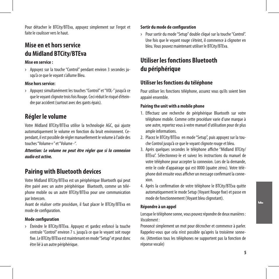 Mise en et hors service du midland btcity/bteva, Régler le volume, Pairing with bluetooth devices | Utiliser les fonctions bluetooth du périphérique | MIDLAND BT City User Manual | Page 69 / 162