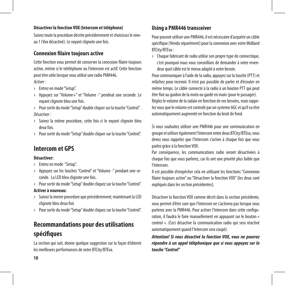 Intercom et gps, Recommandations pour des utilisations spécifiques | MIDLAND BT City User Manual | Page 74 / 162