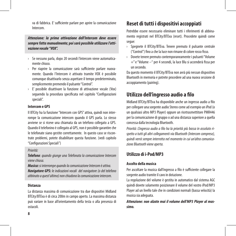 Reset di tutti i dispositivi accoppiati, Utilizzo dell’ingresso audio a filo | MIDLAND BT City User Manual | Page 8 / 162