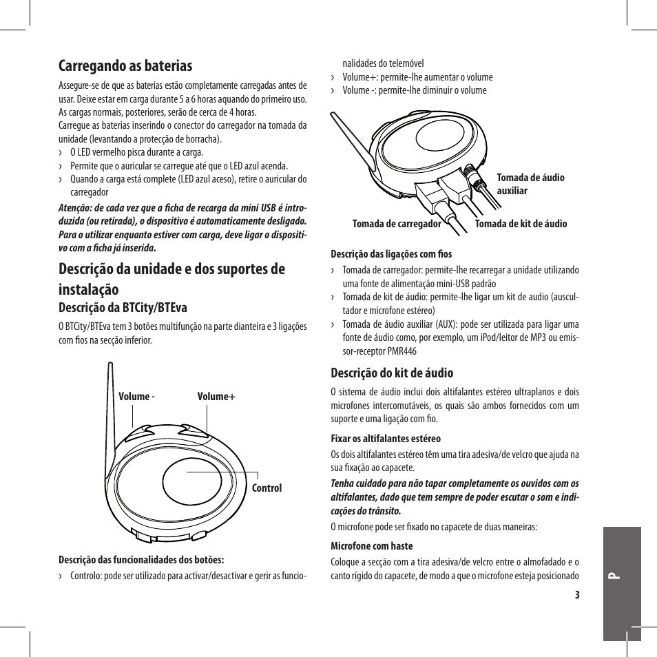 Carregando as baterias, Descrição da unidade e dos suportes de instalação | MIDLAND BT City User Manual | Page 83 / 162