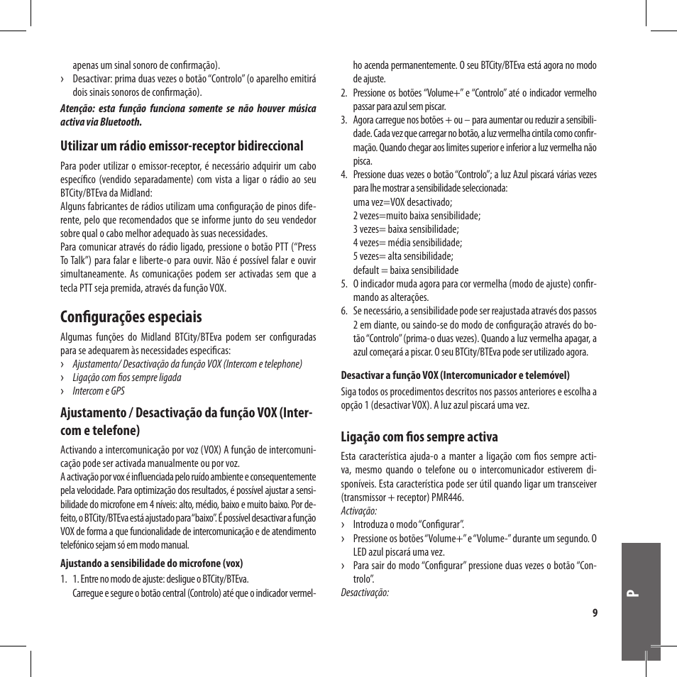 Configurações especiais, Utilizar um rádio emissor-receptor bidireccional, Ligação com fios sempre activa | MIDLAND BT City User Manual | Page 89 / 162