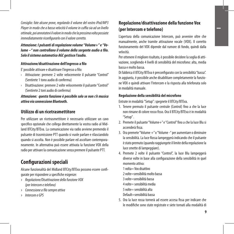 Configurazioni speciali | MIDLAND BT City User Manual | Page 9 / 162