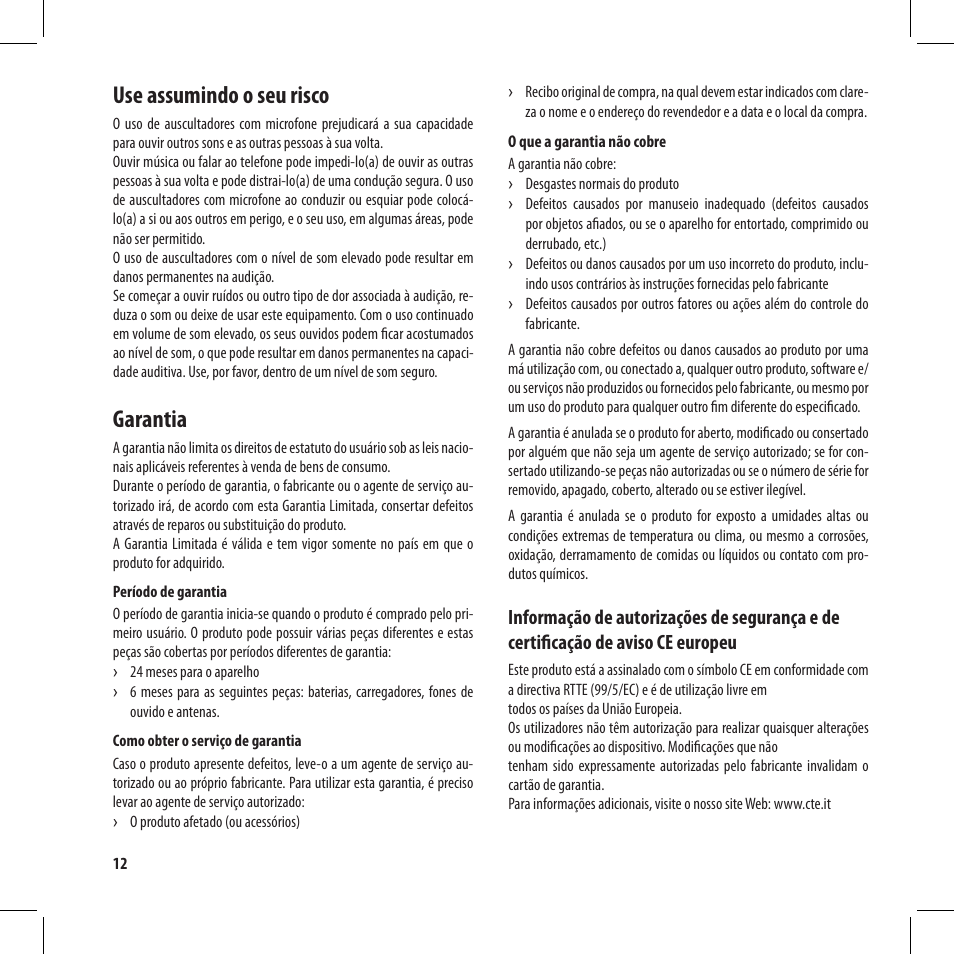 Use assumindo o seu risco, Garantia | MIDLAND BT City User Manual | Page 92 / 162