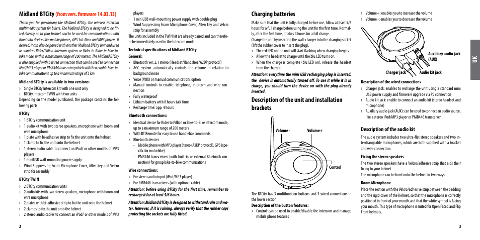 Midland btcity, Charging batteries, Description of the unit and installation brackets | MIDLAND BT City (Vers. 14.03.2013) User Manual | Page 2 / 9