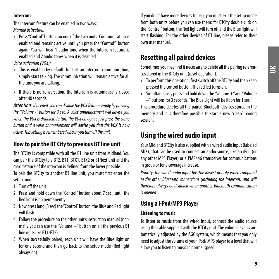 Resetting all paired devices, Using the wired audio input | MIDLAND BT City UK (Vers. 14.03.2013) User Manual | Page 10 / 16