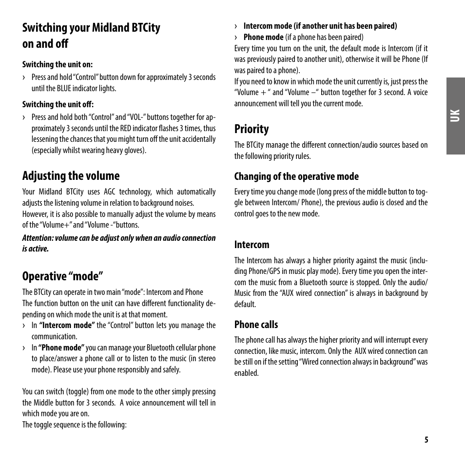 Switching your midland btcity on and off, Adjusting the volume, Operative “mode | Priority | MIDLAND BT City UK (Vers. 14.03.2013) User Manual | Page 6 / 16