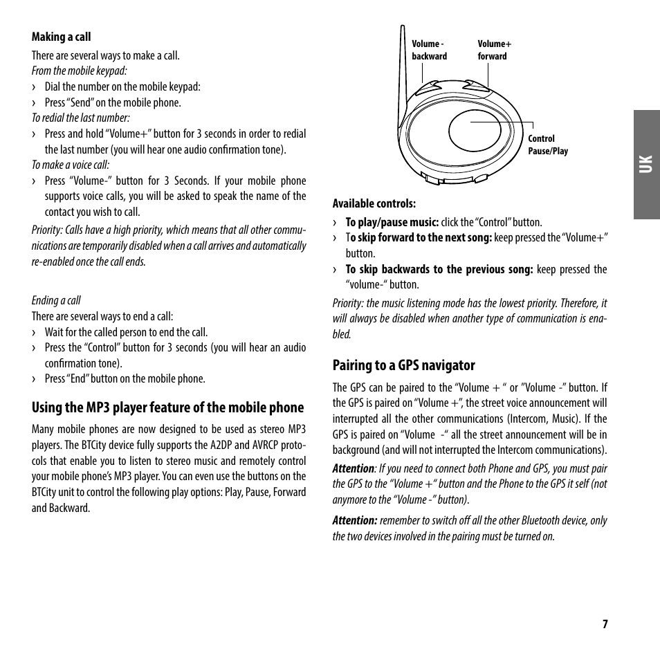 Using the mp3 player feature of the mobile phone, Pairing to a gps navigator | MIDLAND BT City UK (Vers. 14.03.2013) User Manual | Page 8 / 16