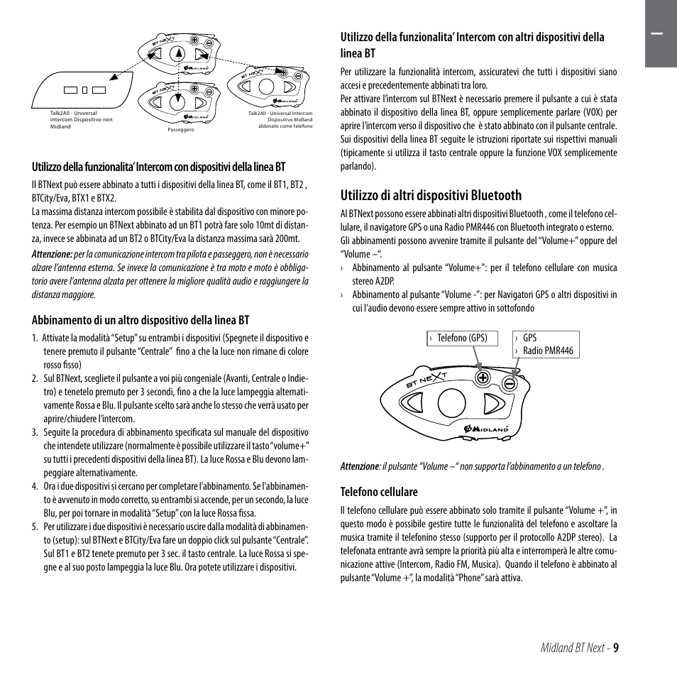 Utilizzo di altri dispositivi bluetooth, Midland bt next - 9, Abbinamento di un altro dispositivo della linea bt | Telefono cellulare | MIDLAND BT Next 2.0 User Manual | Page 10 / 136