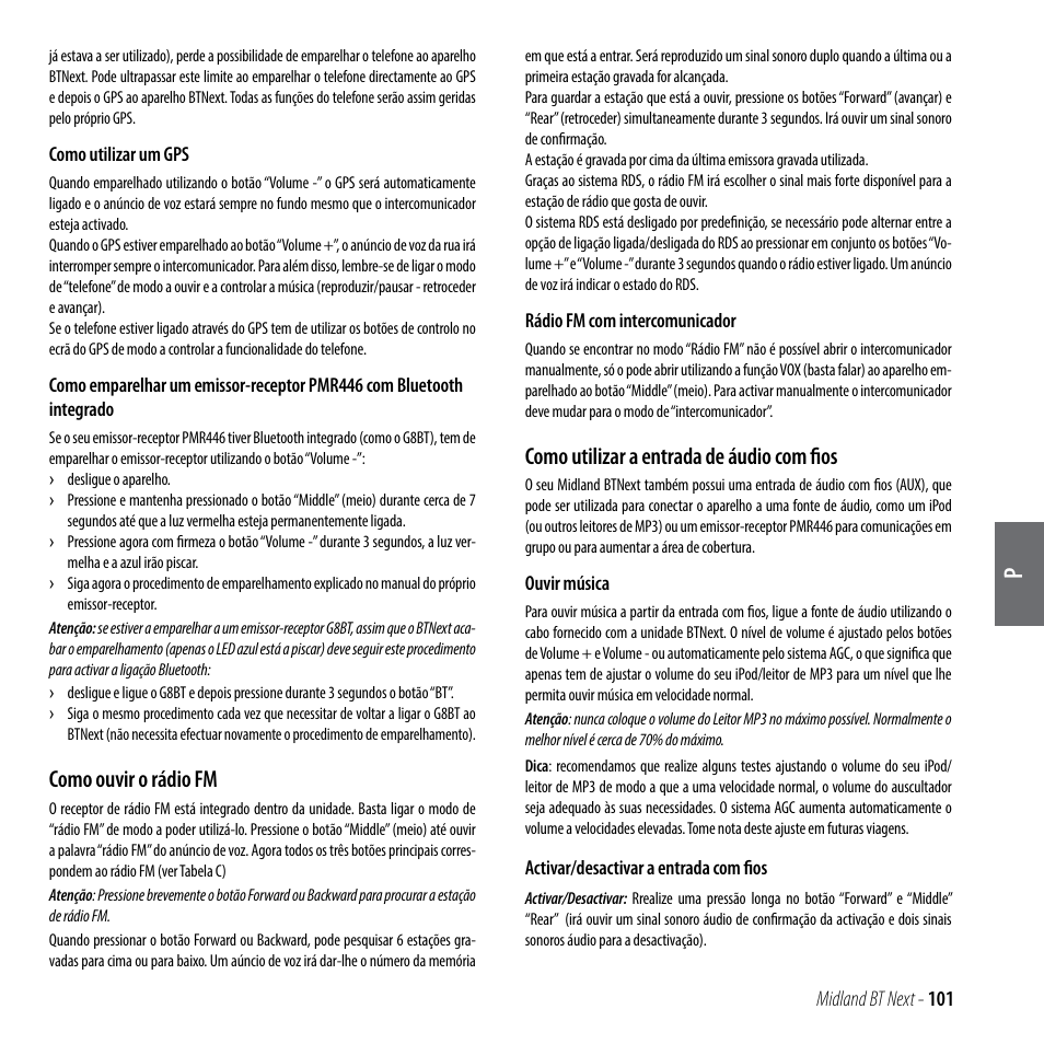 Como ouvir o rádio fm, Como utilizar a entrada de áudio com fios | MIDLAND BT Next 2.0 User Manual | Page 102 / 136