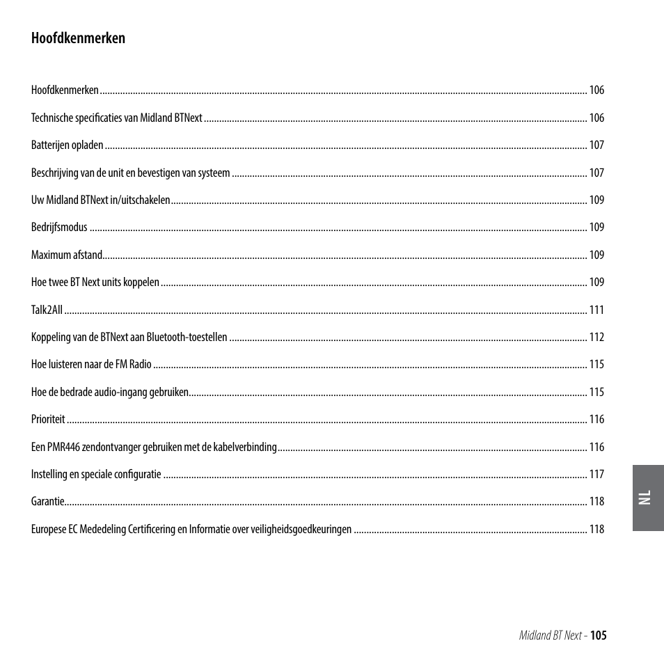 Hoofdkenmerken | MIDLAND BT Next 2.0 User Manual | Page 106 / 136