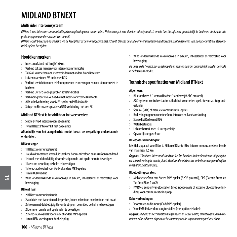 Midland btnext, Hoofdkenmerken, Technische specificaties van midland btnext | MIDLAND BT Next 2.0 User Manual | Page 107 / 136