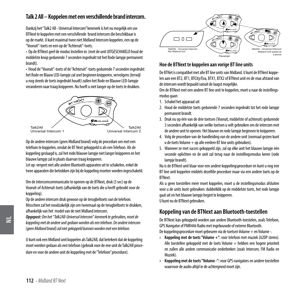 Koppeling van de btnext aan bluetooth-toestellen, 112 - midland bt next, Hoe de btnext te koppelen aan vorige bt line units | MIDLAND BT Next 2.0 User Manual | Page 113 / 136