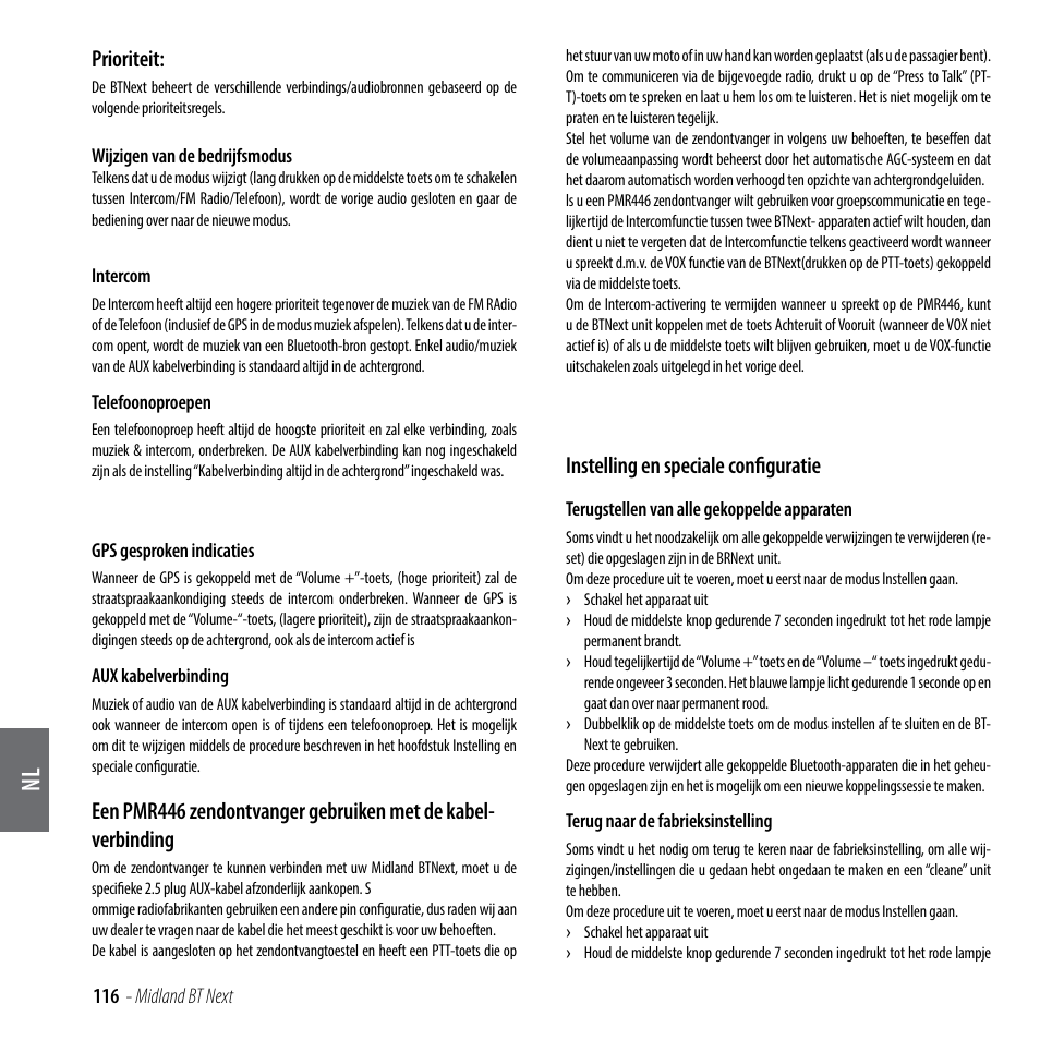 Prioriteit, Instelling en speciale configuratie | MIDLAND BT Next 2.0 User Manual | Page 117 / 136