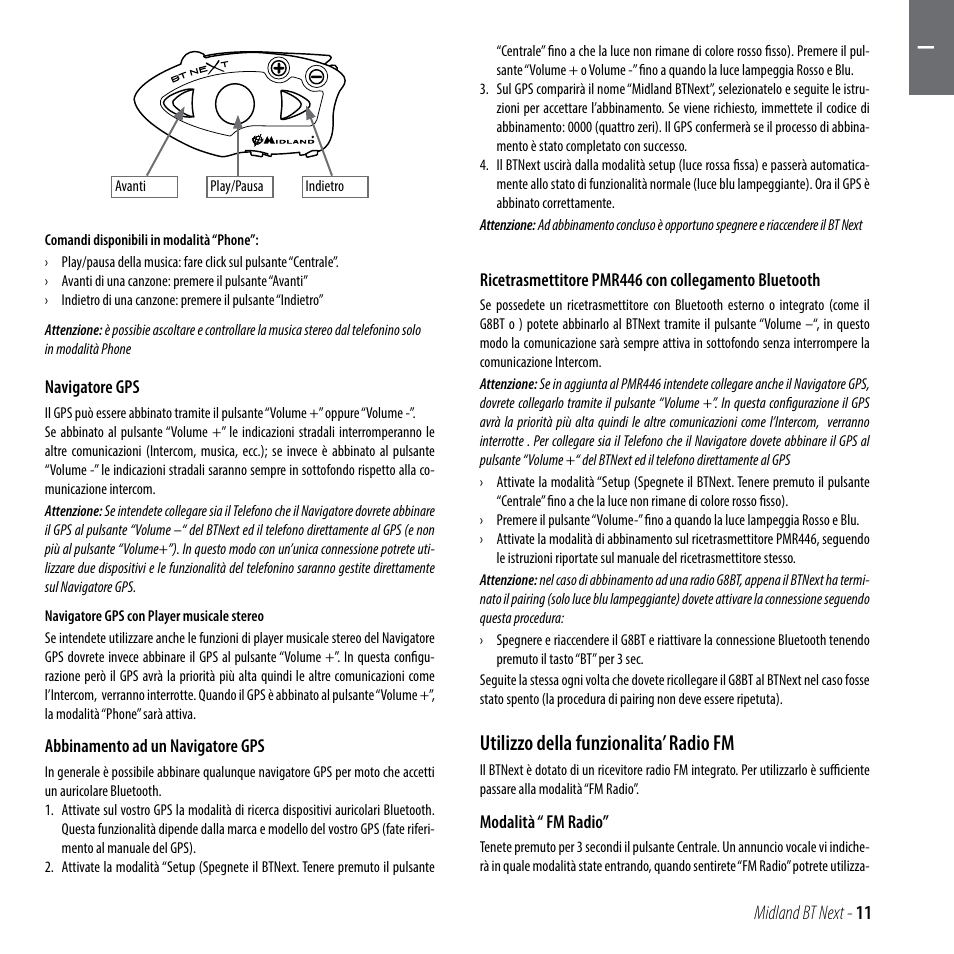 Utilizzo della funzionalita’ radio fm | MIDLAND BT Next 2.0 User Manual | Page 12 / 136