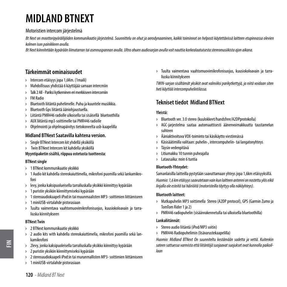 Midland btnext, Tärkeimmät ominaisuudet, Tekniset tiedot midland btnext | MIDLAND BT Next 2.0 User Manual | Page 121 / 136