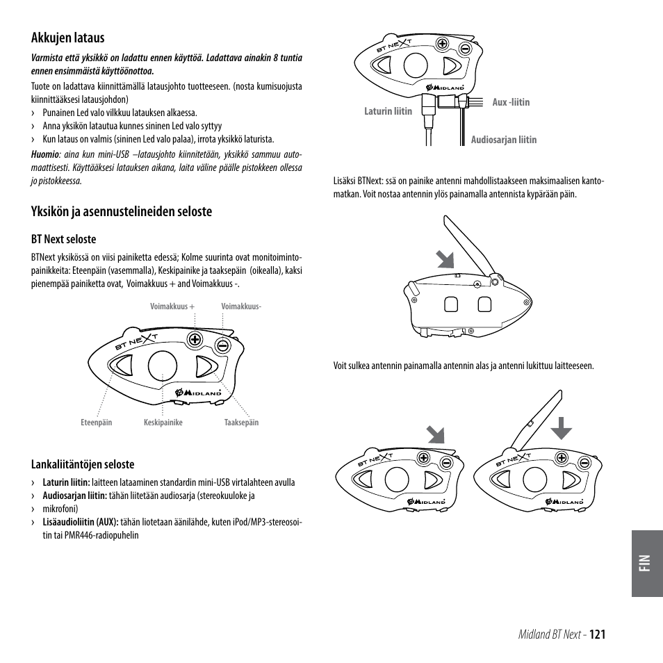 Akkujen lataus, Yksikön ja asennustelineiden seloste | MIDLAND BT Next 2.0 User Manual | Page 122 / 136