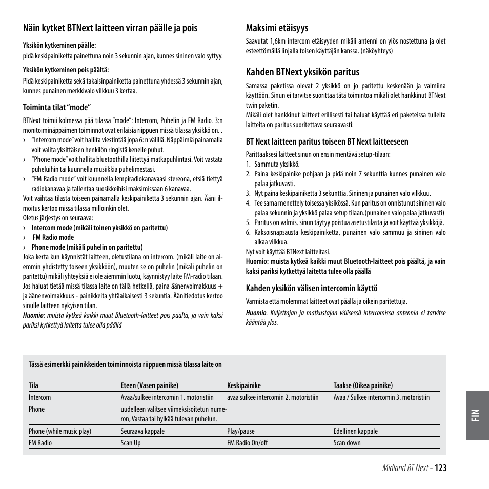 Näin kytket btnext laitteen virran päälle ja pois, Maksimi etäisyys, Kahden btnext yksikön paritus | MIDLAND BT Next 2.0 User Manual | Page 124 / 136