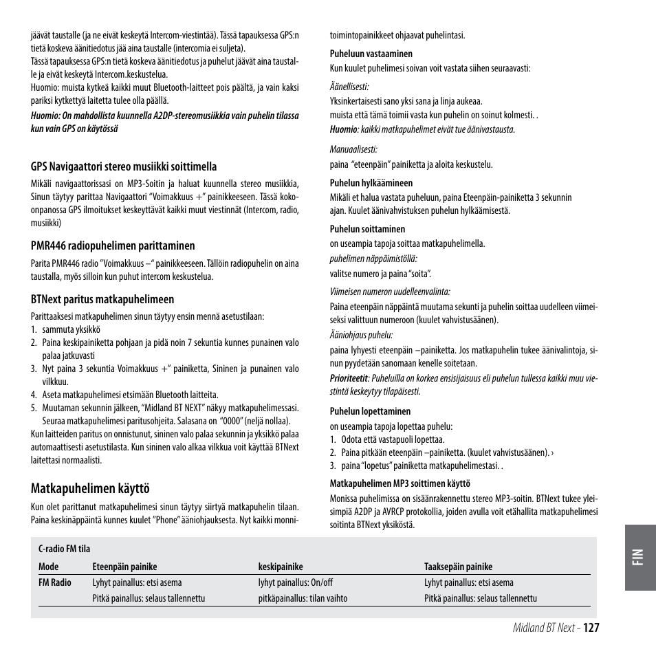 Matkapuhelimen käyttö | MIDLAND BT Next 2.0 User Manual | Page 128 / 136