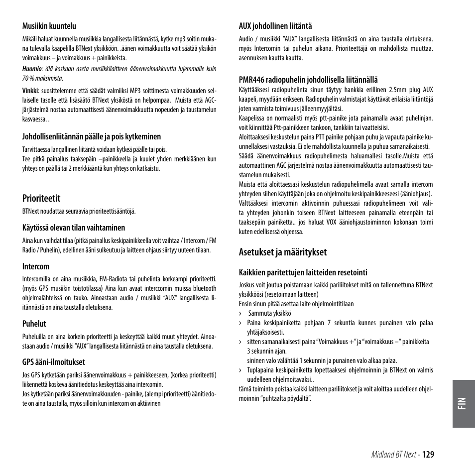 Prioriteetit, Asetukset ja määritykset | MIDLAND BT Next 2.0 User Manual | Page 130 / 136