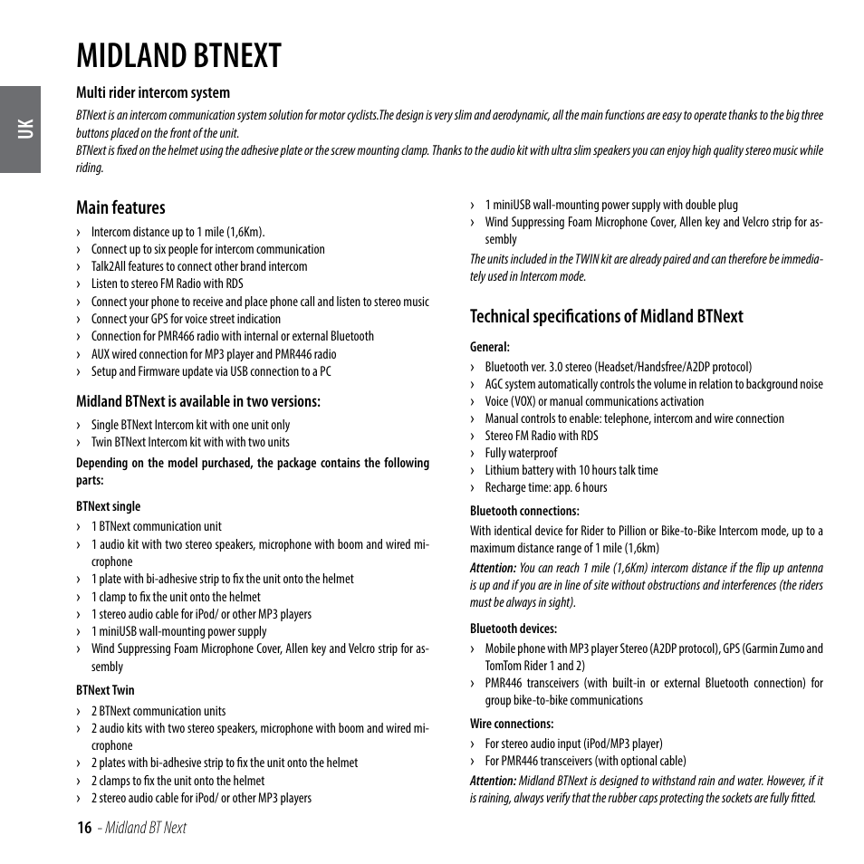 Midland btnext, Main features, Technical specifications of midland btnext | MIDLAND BT Next 2.0 User Manual | Page 17 / 136