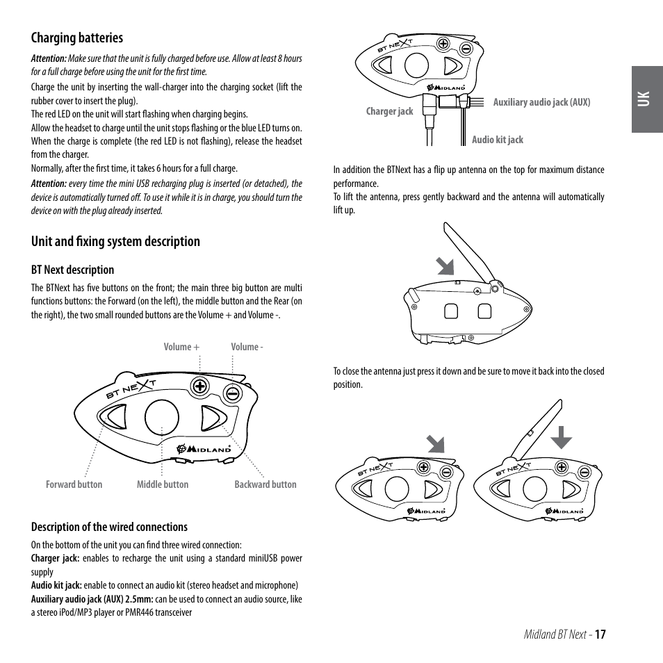 Charging batteries, Unit and fixing system description | MIDLAND BT Next 2.0 User Manual | Page 18 / 136