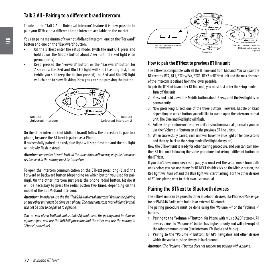 Talk 2 all - pairing to a different brand intercom, Pairing the btnext to bluetooth devices, 22 - midland bt next | How to pair the btnext to previous bt line unit | MIDLAND BT Next 2.0 User Manual | Page 23 / 136