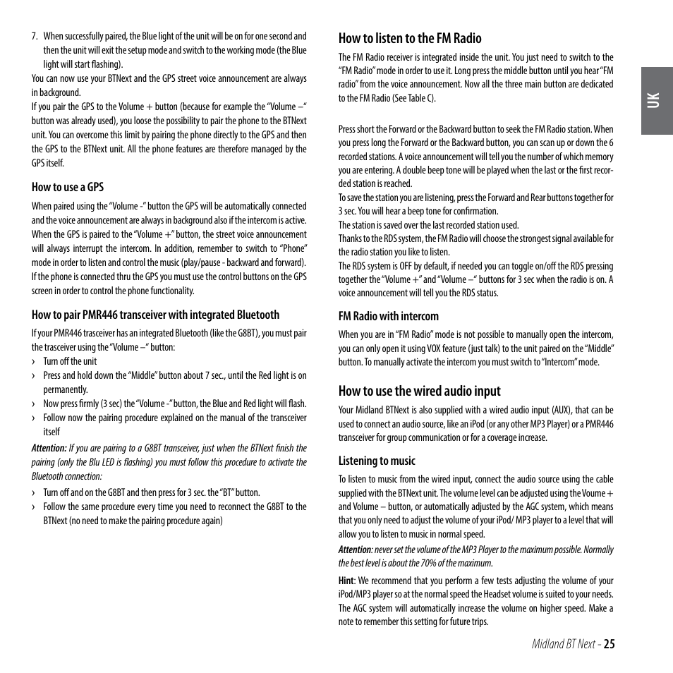 How to listen to the fm radio, How to use the wired audio input | MIDLAND BT Next 2.0 User Manual | Page 26 / 136