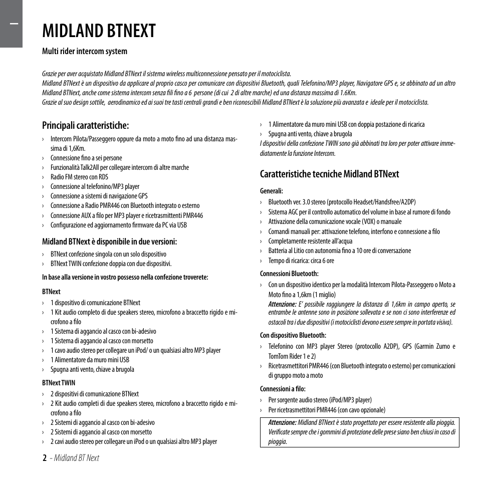 Midland btnext, Principali caratteristiche, Caratteristiche tecniche midland btnext | MIDLAND BT Next 2.0 User Manual | Page 3 / 136