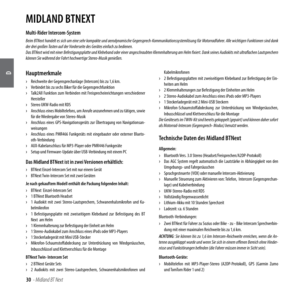 Midland btnext, Hauptmerkmale, Technische daten des midland btnext | MIDLAND BT Next 2.0 User Manual | Page 31 / 136