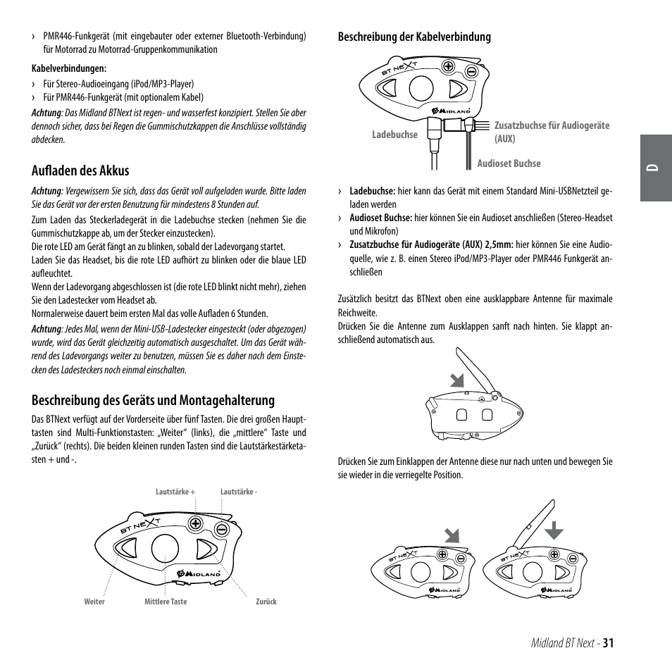 Aufladen des akkus, Beschreibung des geräts und montagehalterung, Midland bt next - 31 | MIDLAND BT Next 2.0 User Manual | Page 32 / 136