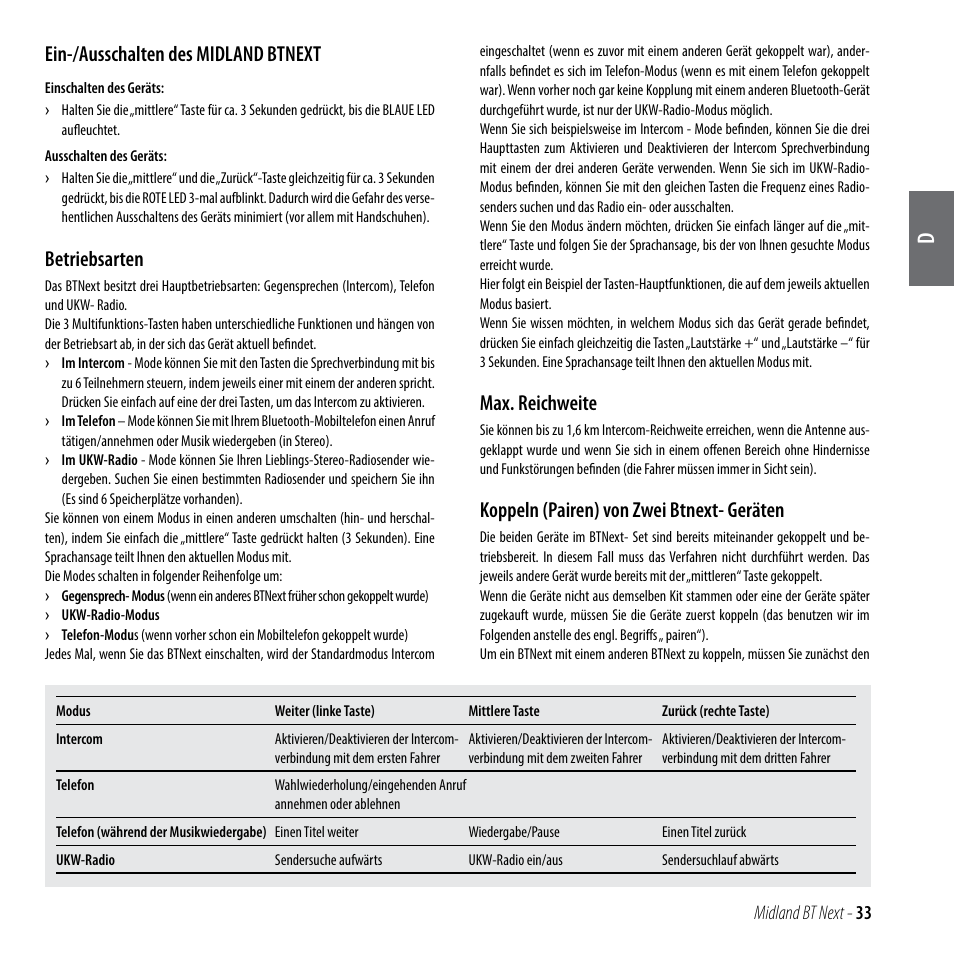 Ein-/ausschalten des midland btnext, Betriebsarten, Max. reichweite | Koppeln (pairen) von zwei btnext- geräten | MIDLAND BT Next 2.0 User Manual | Page 34 / 136