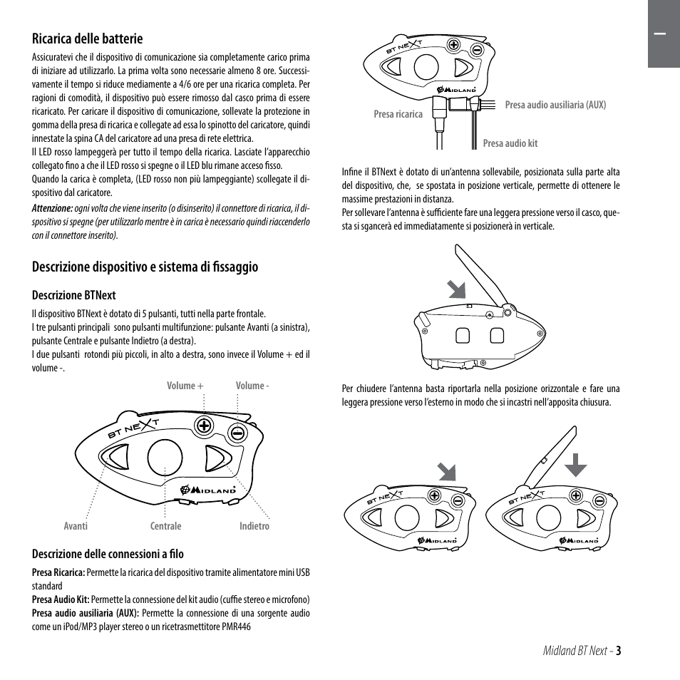 Ricarica delle batterie, Descrizione dispositivo e sistema di fissaggio | MIDLAND BT Next 2.0 User Manual | Page 4 / 136