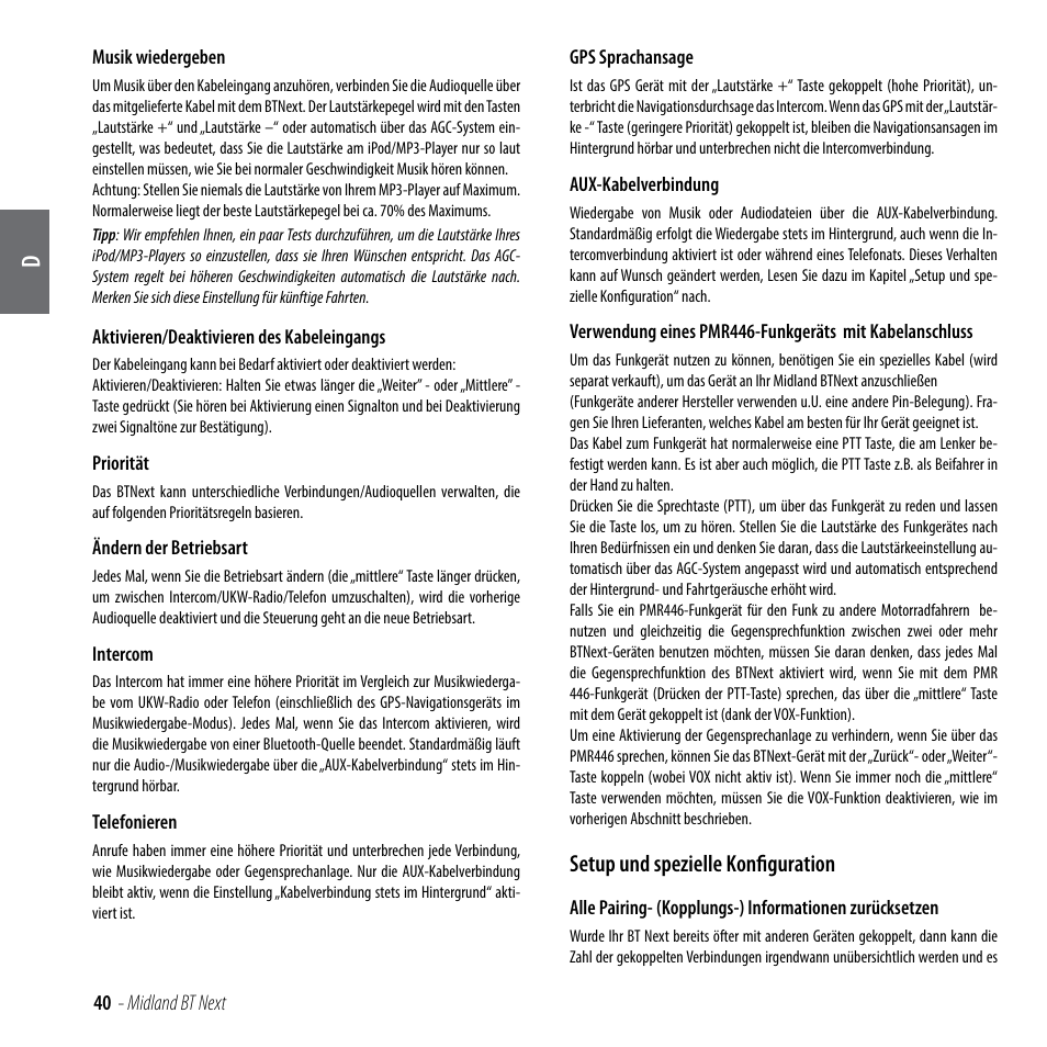Setup und spezielle konfiguration | MIDLAND BT Next 2.0 User Manual | Page 41 / 136
