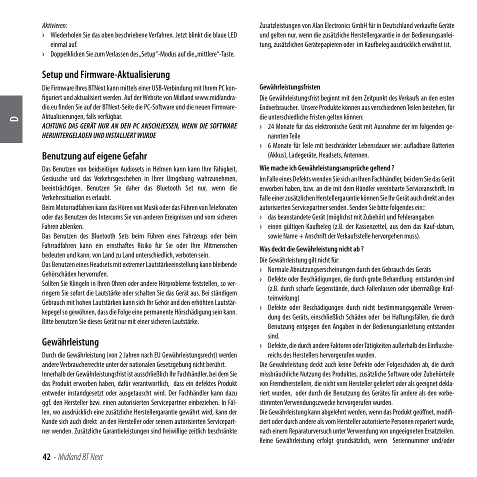 Setup und firmware-aktualisierung, Benutzung auf eigene gefahr, Gewährleistung | MIDLAND BT Next 2.0 User Manual | Page 43 / 136