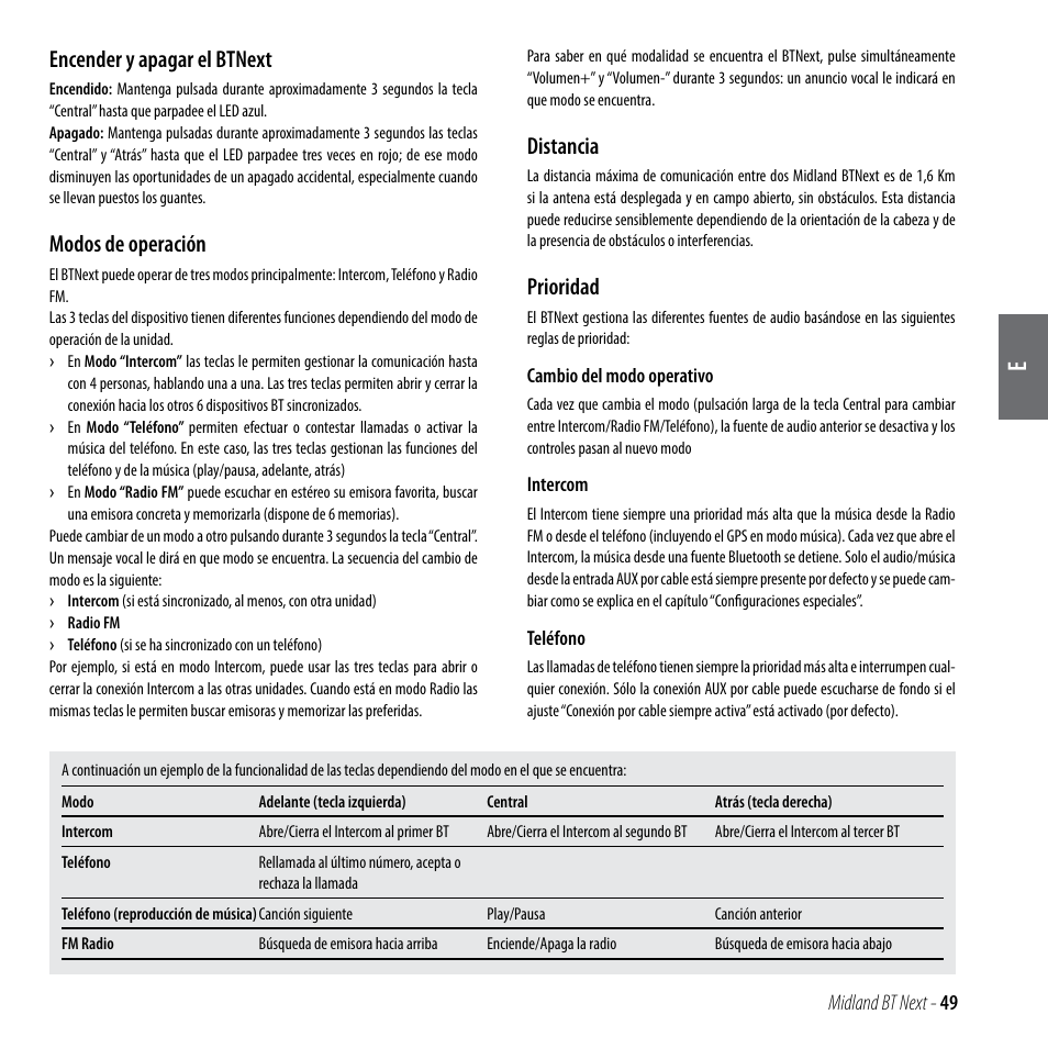 Encender y apagar el btnext, Modos de operación, Distancia | Prioridad | MIDLAND BT Next 2.0 User Manual | Page 50 / 136