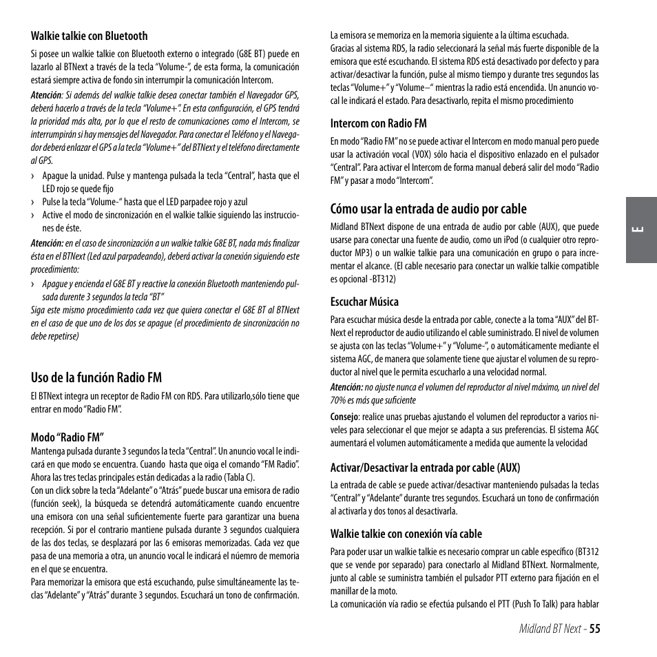 Uso de la función radio fm, Cómo usar la entrada de audio por cable | MIDLAND BT Next 2.0 User Manual | Page 56 / 136