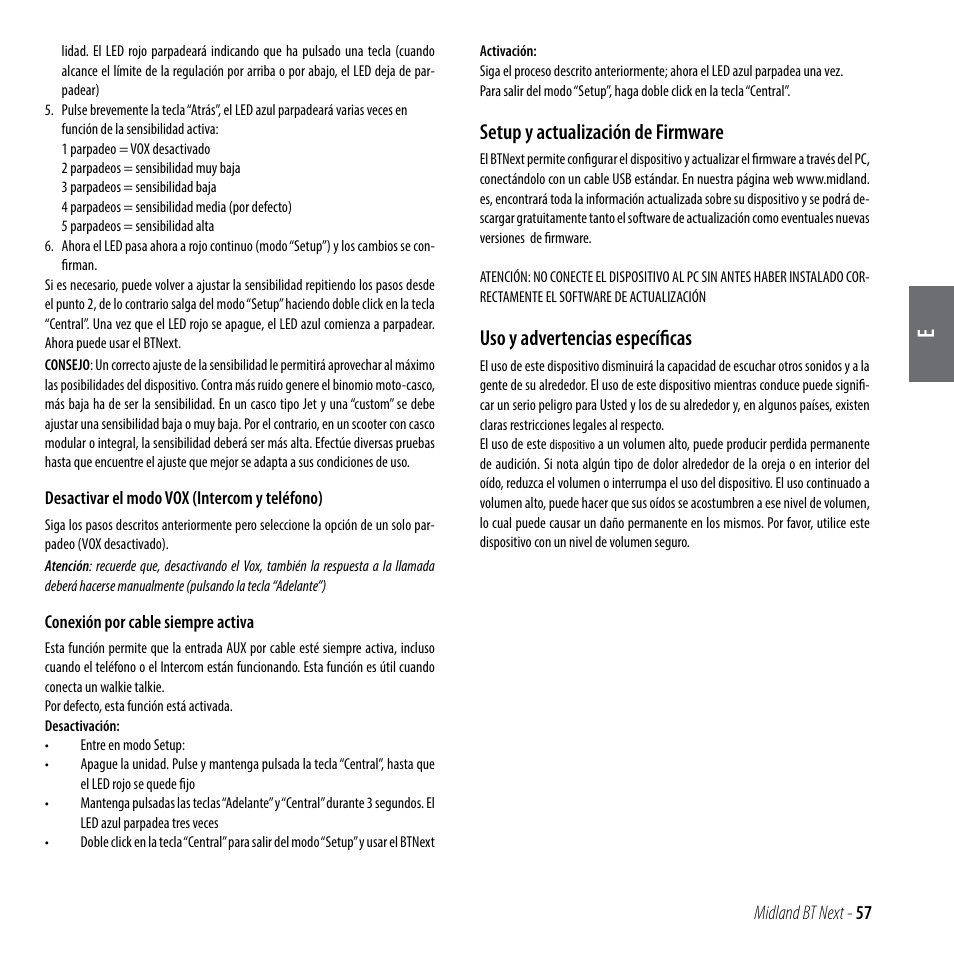 Setup y actualización de firmware, Uso y advertencias específicas | MIDLAND BT Next 2.0 User Manual | Page 58 / 136