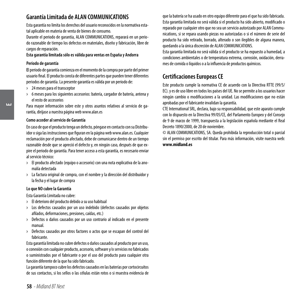 Garantía limitada de alan communications, Certificaciones europeas ce | MIDLAND BT Next 2.0 User Manual | Page 59 / 136