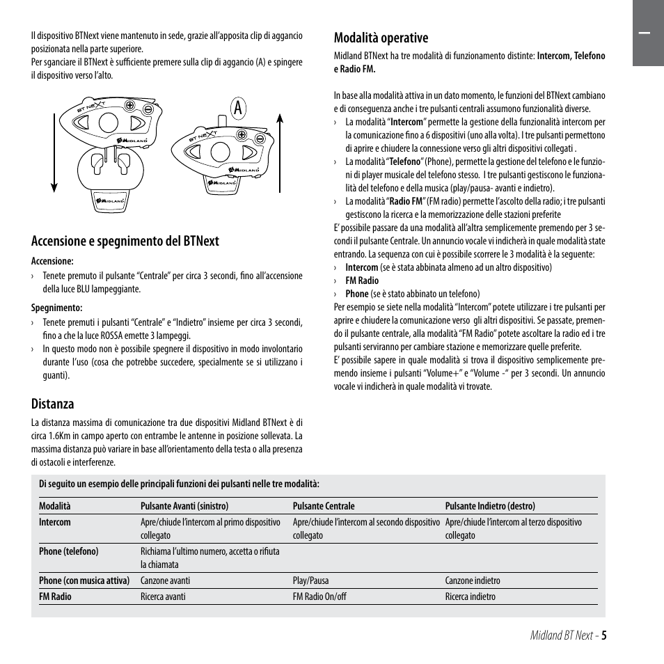 Accensione e spegnimento del btnext, Distanza, Modalità operative | MIDLAND BT Next 2.0 User Manual | Page 6 / 136