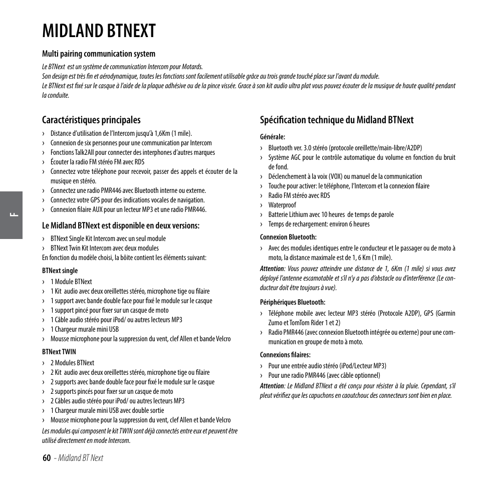 Midland btnext, Caractéristiques principales, Spécification technique du midland btnext | MIDLAND BT Next 2.0 User Manual | Page 61 / 136