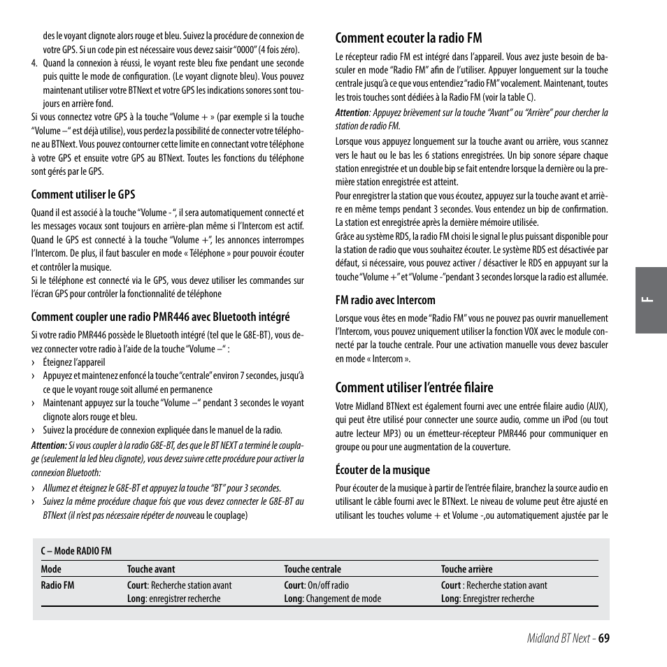 Comment ecouter la radio fm, Comment utiliser l’entrée filaire | MIDLAND BT Next 2.0 User Manual | Page 70 / 136