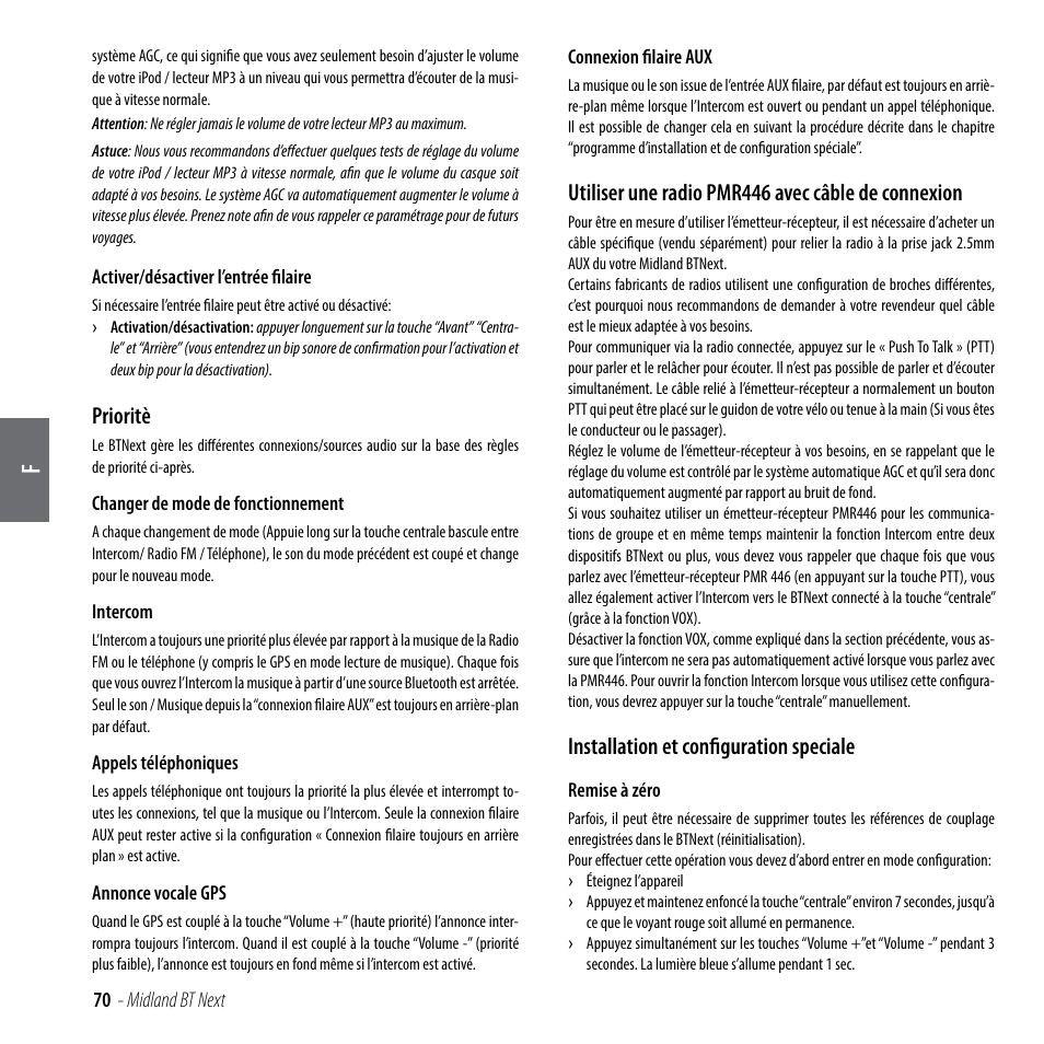 Prioritè, Utiliser une radio pmr446 avec câble de connexion, Installation et configuration speciale | MIDLAND BT Next 2.0 User Manual | Page 71 / 136