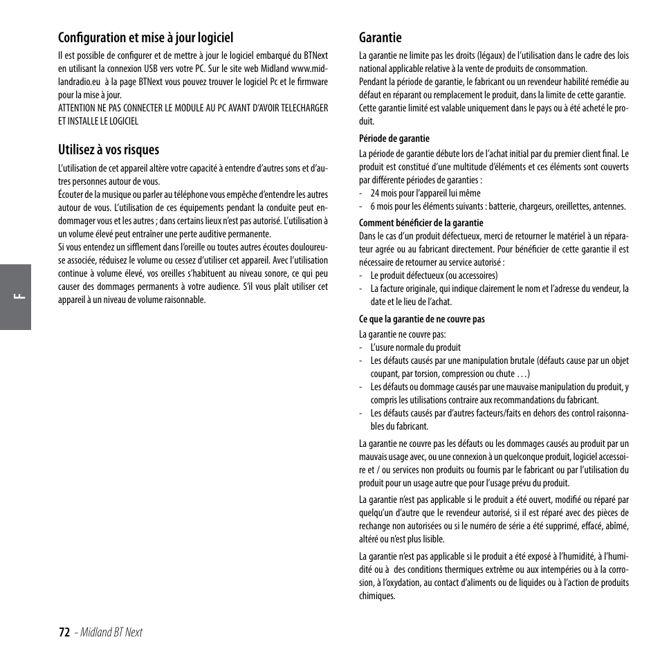 Configuration et mise à jour logiciel, Utilisez à vos risques, Garantie | MIDLAND BT Next 2.0 User Manual | Page 73 / 136