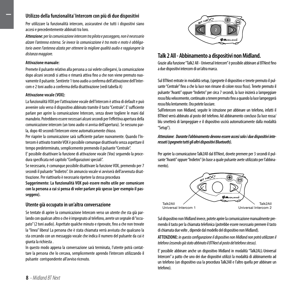 Talk 2 all - abbinamento a dispositivi non midland, 8 - midland bt next | MIDLAND BT Next 2.0 User Manual | Page 9 / 136