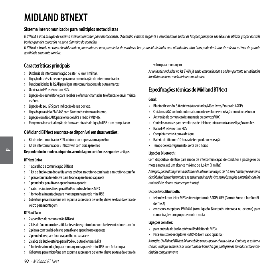 Midland btnext, Características principais, Especificações técnicas do midland btnext | MIDLAND BT Next 2.0 User Manual | Page 93 / 136