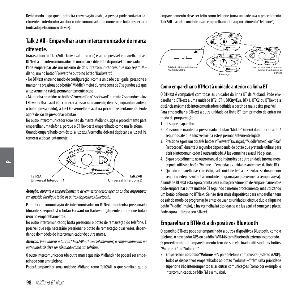 Emparelhar o btnext a dispositivos bluetooth, 98 - midland bt next | MIDLAND BT Next 2.0 User Manual | Page 99 / 136