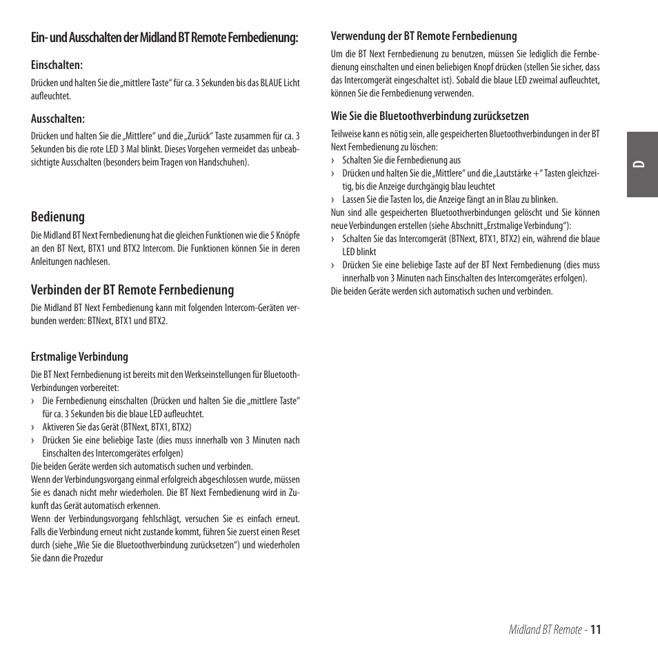 Bedienung, Verbinden der bt remote fernbedienung | MIDLAND BT Remote User Manual | Page 11 / 41