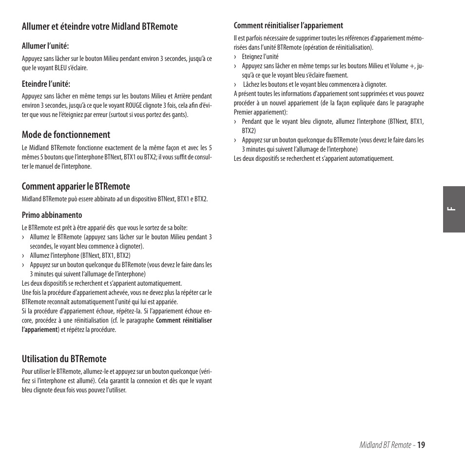 Allumer et éteindre votre midland btremote, Mode de fonctionnement, Comment apparier le btremote | Utilisation du btremote | MIDLAND BT Remote User Manual | Page 19 / 41